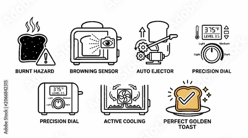 Set of modern toaster technology icons showing browning sensors and precision dial features.