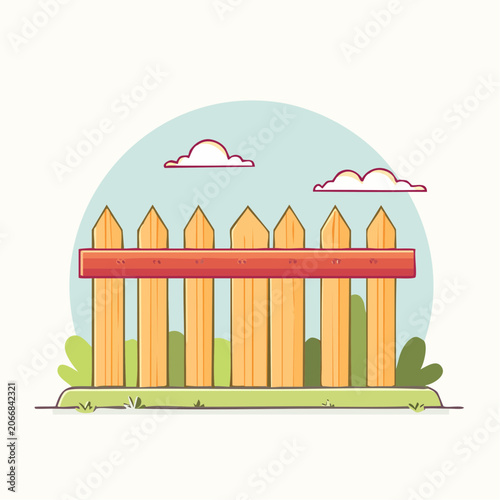 Cartoon Wooden Fence with Clouds and Greenery