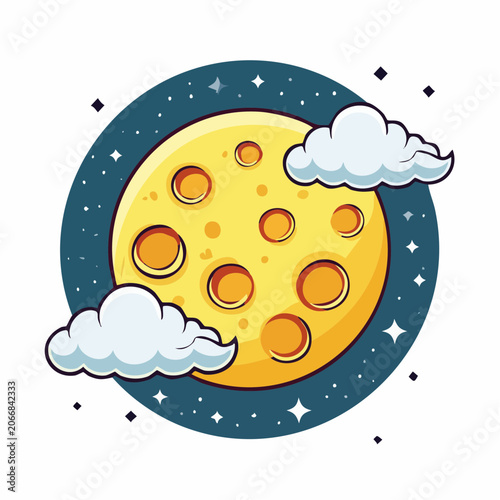 Cartoon Moon with Clouds and Stars