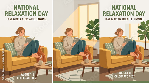 National Relaxation Day, self-care illustrations, vector icons, relaxation concepts, calming moments
