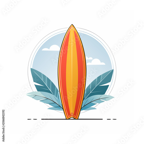 Colorful surfboard with palm leaves and sky illustration