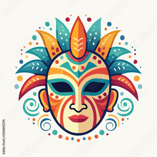 Colorful Tribal Mask with Feathers and Dots