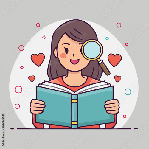 Girl Reading Book with Magnifying Glass and Hearts