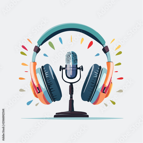 Headphones and Microphone with Colorful Sound Waves