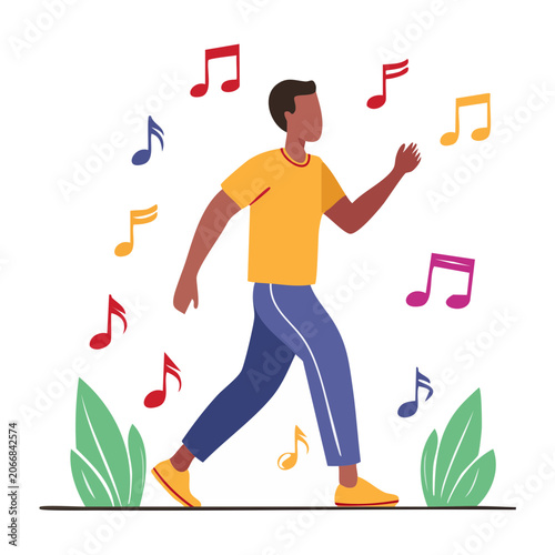Man walking with colorful musical notes and plants
