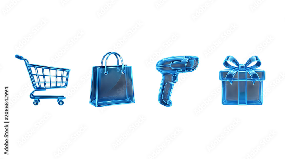 Fototapeta premium Set of blue glossy shopping icons including a shopping cart, a shopping bag, a barcode scanner, and a gift box isolated on transparent background