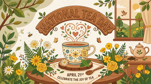 National Tea Day, tea celebration, floral illustrations, cup and saucer, tea infuser