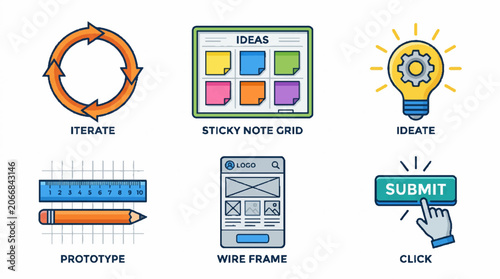 Creative design process icons set featuring iterate ideate prototype wireframe sticky notes and click button.