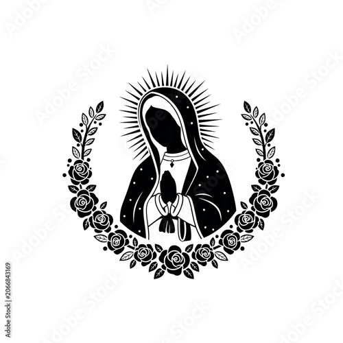 Foto Our Lady of Guadalupe silhouette with rose wreath.