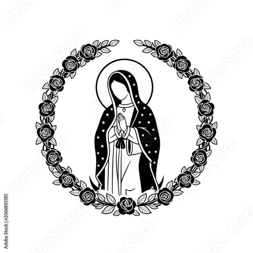 Fotografie Our Lady of Guadalupe Virgin Mary praying in a rose wreath.