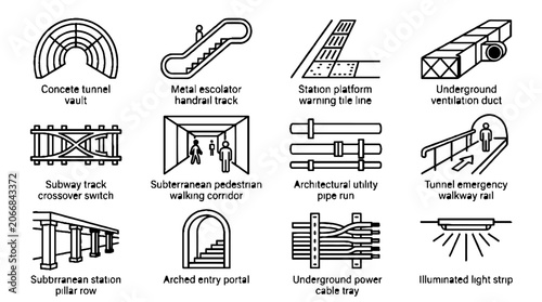 Subway and Underground Infrastructure Line Icon Set for Urban Transit Systems.