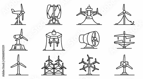 Set of wind turbine icons and renewable energy generator sketches in black line art style.