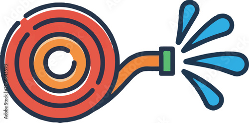 Flat Vector Icon of a Garden Hose Reel Spraying Water on White