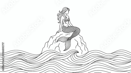 Mermaid sitting on a rock amidst wavy ocean water