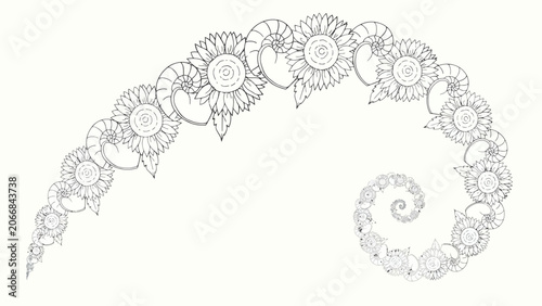 Sunflower and nautilus shell spiral pattern in line art style