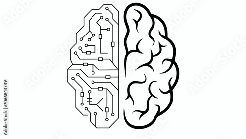 Human brain concept with digital circuitry and organic halves