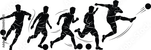 Soccer football player silhouette set with dynamic running dribbling and flying kick shooting action sequence