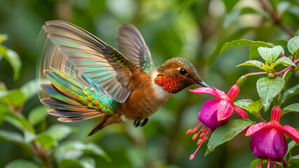 Hummingbird Feeding on Fuchsia Flowers, Vibrant Wings, Nature Wildlife