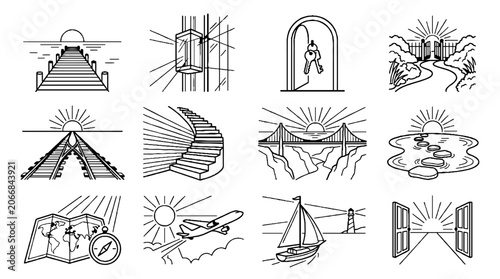 Set of minimalist line art icons representing travel adventure and new beginnings.