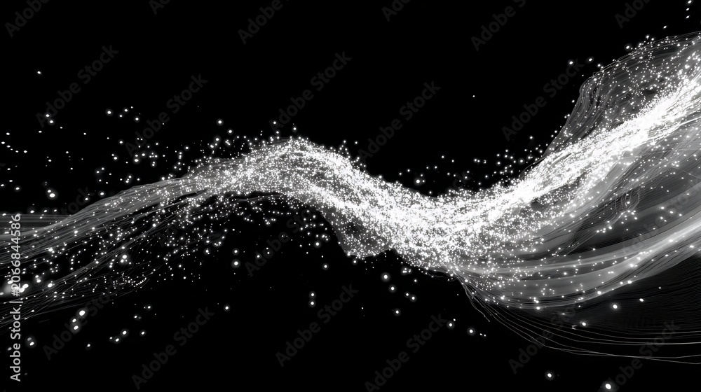 Obraz premium Elegant luminous ribbon of flowing glittering light particles on dark background