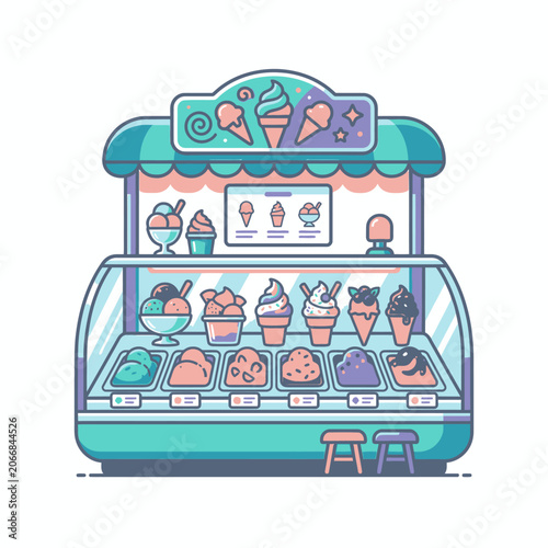 Colorful ice cream parlor counter with flavors.
