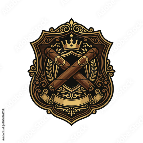 Vintage cigar club crest with crown and cigars.