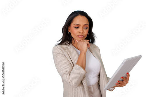 Tableau sur toile Professional woman thinking holding tablet, contemplating business strategy, ana