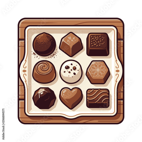 Assorted gourmet chocolate pralines in a wooden box.