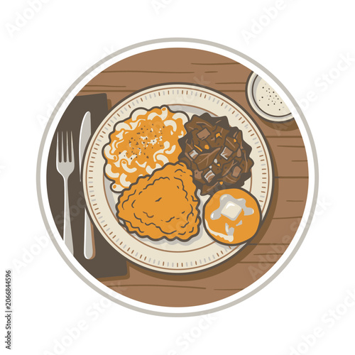 Traditional roast dinner plate with meat and vegetables.