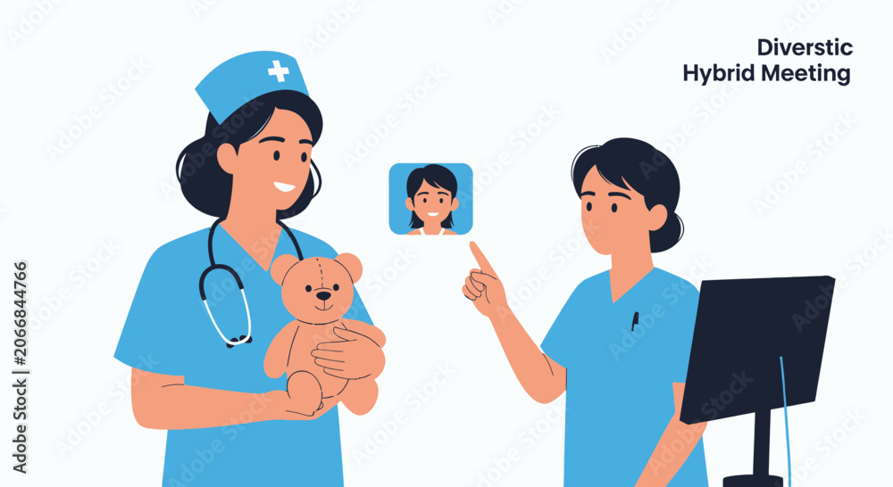 Fototapeta premium Nurses in Hybrid Meeting: Telemedicine consultation with child patient via video call, doctor holds teddy bear