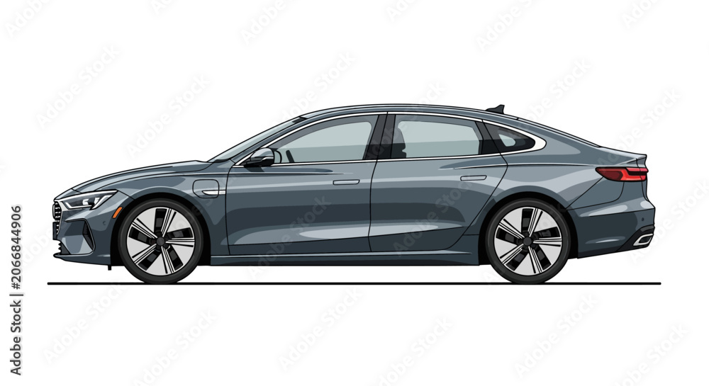 Fototapeta premium Modern Sedan Car, Side Profile, Dark Gray, White Background, Electric Vehicle Design