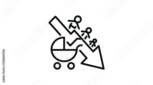 Declining Birth Rate Icon: Baby Stroller and Stick Figures on Downward Arrow