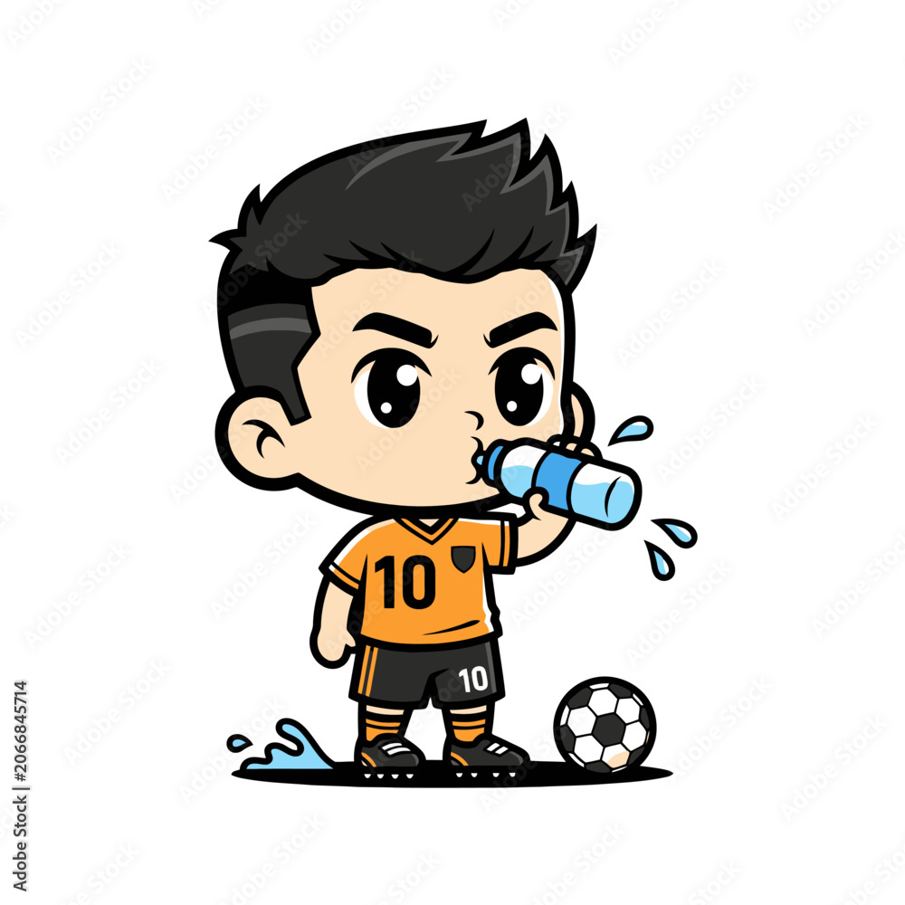 Naklejka premium A young football player wearing an orange sports jersey drinks water from a plastic bottle while standing next to a round leather soccer ball to stay hydrated during a break from his active game