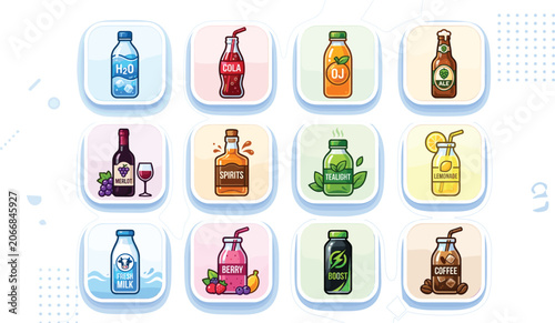 Beverages and Drinks Vector Icon App Button Set Featuring Water, Cola, Juice, Beer, Wine, Spirits, Tea, Lemonade, Milk, Smoothie, Energy Drink, and Coffee