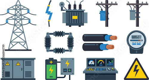 Electrical Power Grid Infrastructure Vector Icon Set Featuring High Voltage Pylon, Transformer, Substation, Smart Meter, Cables, and Industry Control Panel Elements