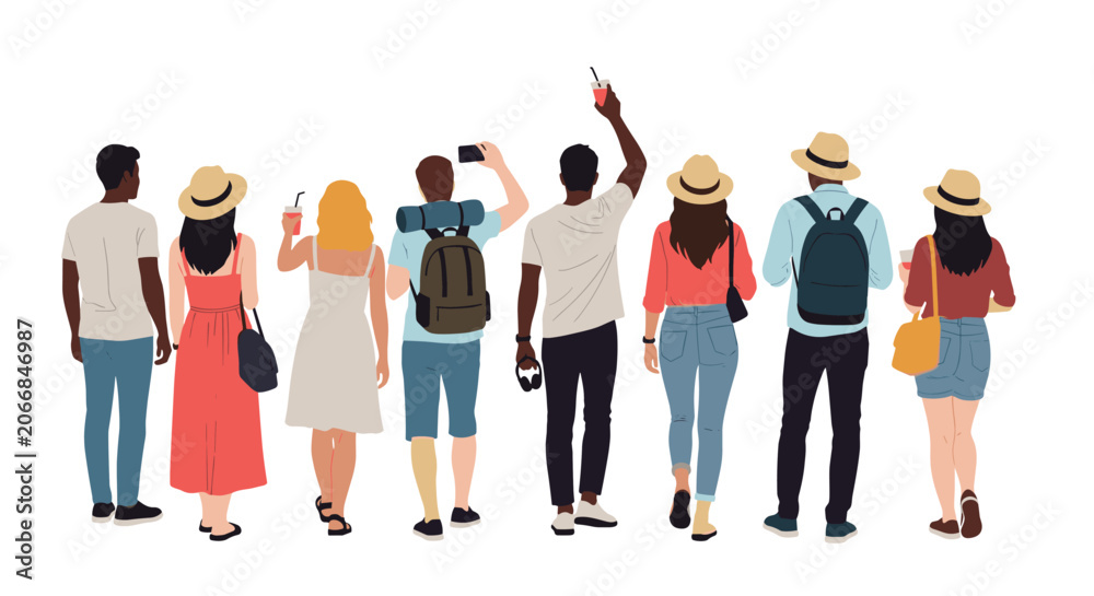 Fototapeta premium Back view of a group of diverse young tourists with backpacks and hats taking photos and holding drinks during summer vacation travel.