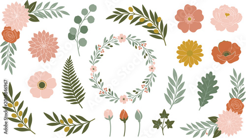 Elegant Floral Design Element Vector Set Featuring Pastel Flower Blossoms, Wreaths, Olive Branches, Eucalyptus, Fern Leaves, and Botanical Bouquets for Wedding Invitations