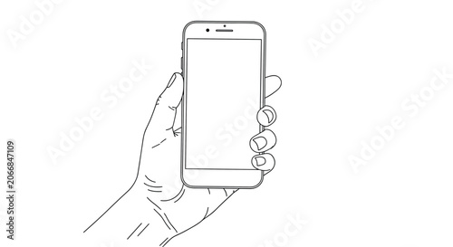 Hand drawn minimalist line sketch of a human hand holding a blank smartphone mockup isolated on white background.