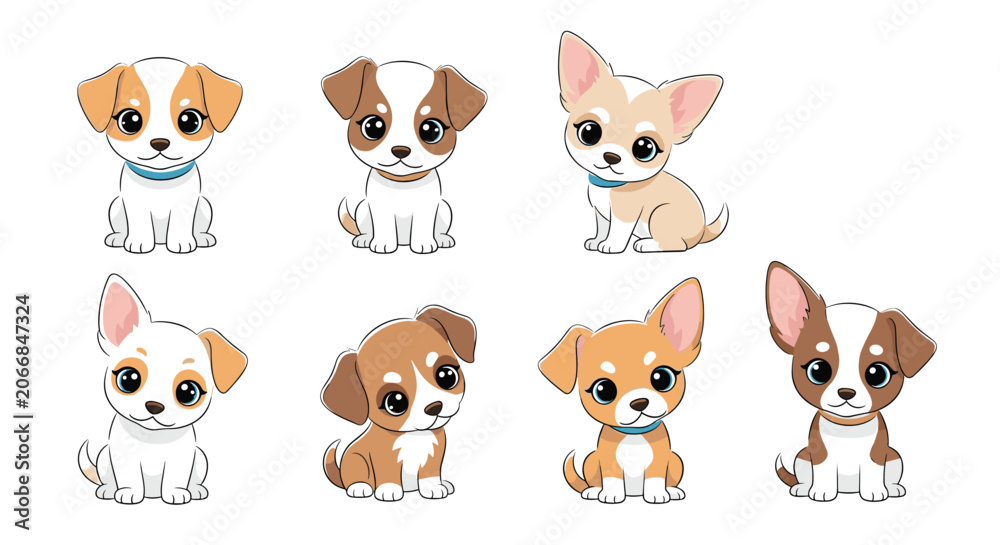 Obraz premium Collection of cute cartoon puppies of various dog breeds sitting and looking forward with adorable big expressive eyes.