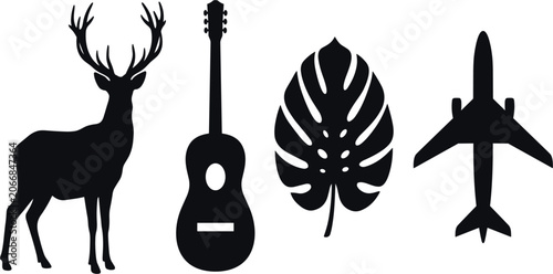 Minimalist Black Silhouette Vector Icon Set Featuring Deer, Acoustic Guitar, Monstera Tropical Leaf, and Airplane for Versatile Graphic Design Projects