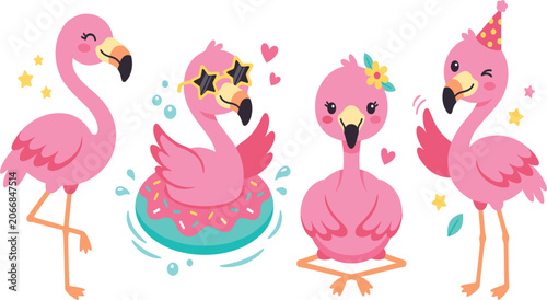 Cute Pink Flamingo Vector Character Set with Floating Pool Ring, Party Hat, and Sunglasses for Birthday Invitations, Summer Designs, and Stickers