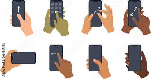 Diverse Hands Holding Smartphone Vector Set with Multiethnic Touch Gestures Like Swiping Scrolling Pinching Zooming for UI UX Mobile App Designs