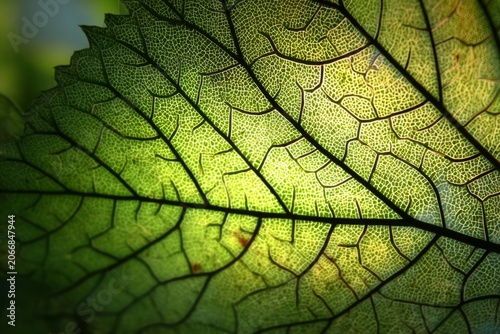 Close up view of a green leaf showing detailed patterns and light shining through in a natural setting