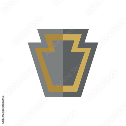 Gray and gold keystone shape architectural symbol.
