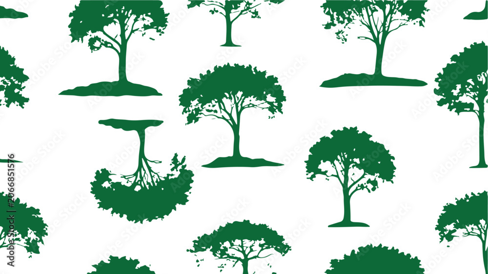 Fototapeta premium A nature-inspired seamless pattern featuring various green tree silhouettes on a white background