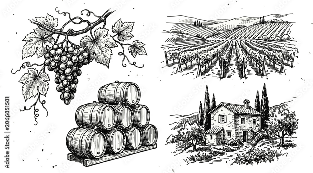 Fototapeta premium Vintage Hand Drawn Wine Making Vector Illustration Set Featuring Vineyard Landscape Stone Winery House Grape Bunch and Wooden Barrels Elements Collection