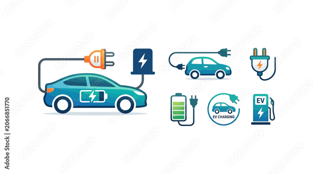 Naklejka premium Electric Car Charging Icons and Symbols - Modern Sustainable Transport
