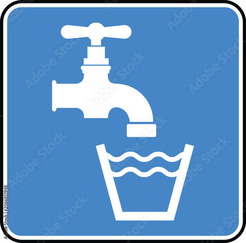 Potable drinking water sign with faucet and glass, flat blue public information square symbol for drinkable water tap.
