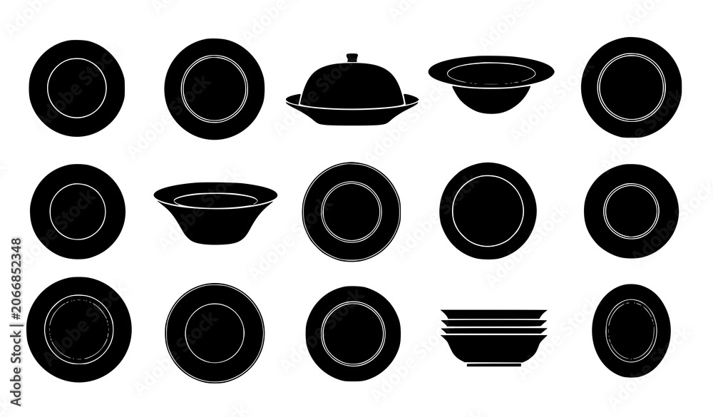 Fototapeta premium Ceramic Plate and Soup Bowl Silhouette Vector Set Featuring Dinnerware Dishes and Cloche Serving Platters for Restaurant Branding, Catering Menus, and Kitchenware Graphics