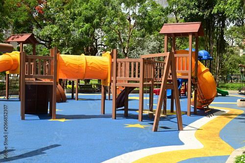 Climbing structures and slides are playground equipment for children, which are part of the public park in Bangkok capital city , Thailand.